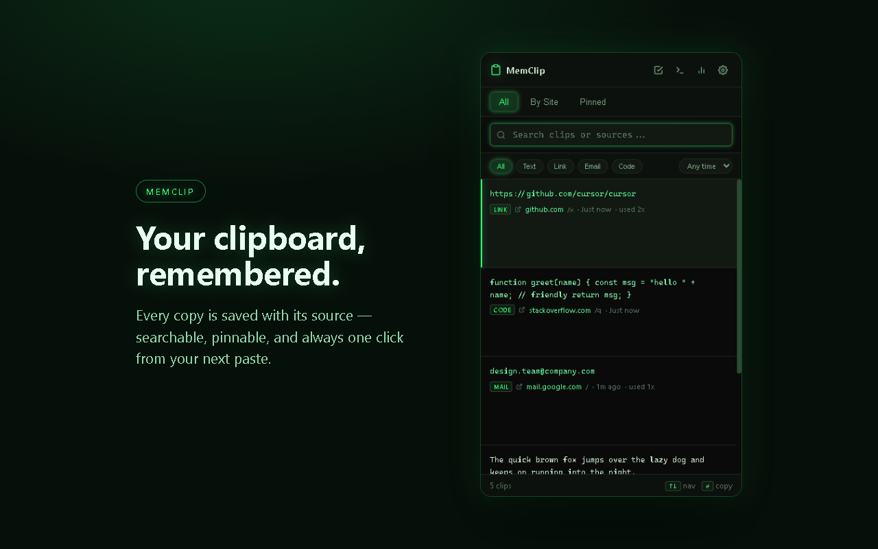 MemClip clipboard history with search and filters