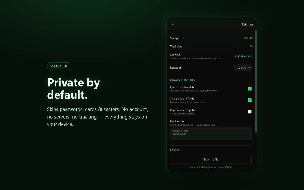 MemClip privacy settings and backup